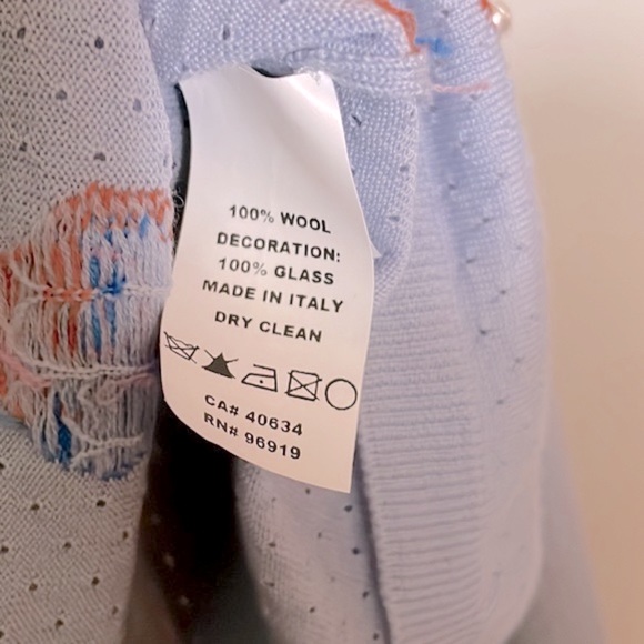 MARC JACOBS Glass Pearl Embellished Long Sleeve Sky Blue Wool Shirt Made Italy - Picture 6 of 12